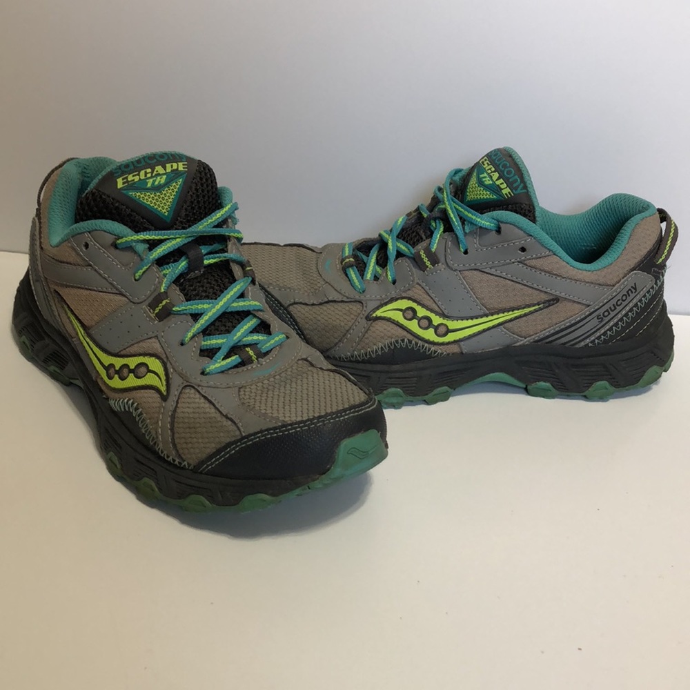 Saucony Escape TR Low Top Lace Up Trail Running Hiking Shoes - Gray, Teal,Citron